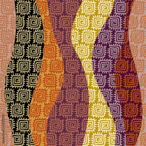 Abstract random grunge pattern of curved multicolor waves. Brown tribal background. Vector image. Seamless pattern.