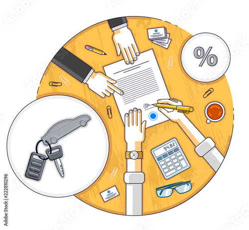 Man signs financial document for credit to buy a new car and bank employee or auto salon dealer explains terms of loan, or car rental, top view of desk with people hands and paper documents. Vector.