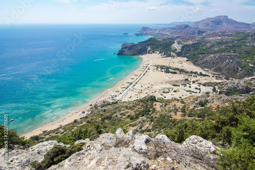 Tsampika beach and Rhodes island panorama from Tsampika mountain top, Greece