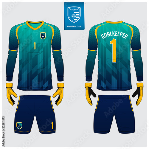 Goalkeeper jersey or soccer kit, long sleeve jersey, goalkeeper glove template design. Blue and green gradient  sport t-shirt mock up. Front and back view football uniform. Flat football logo. Vector