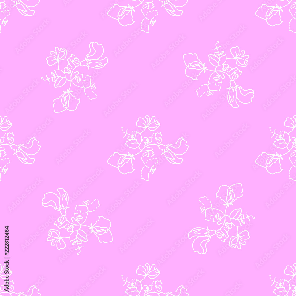 Garden flora sweet pea blossom and leaves seamless pattern vector. Pink background