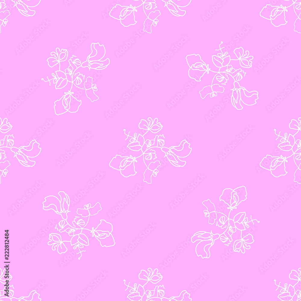 Garden flora sweet pea blossom and leaves seamless pattern vector. Pink background Garden flora sweet pea blossom and leaves seamless pattern vector. Pink background