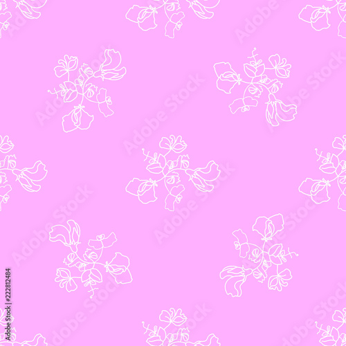 Garden flora sweet pea blossom and leaves seamless pattern vector. Pink background