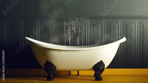 Fototapeta Naklejka Na Ścianę i Meble -  Steamy Dark Blue and Yellow Bathroom With Iron Bath 3d illustration 3d render