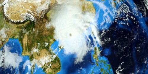 Fototapeta Naklejka Na Ścianę i Meble -  Extremely detailed and realistic high resolution 3D illustration of a Typhoon hitting  mainland China. Shot from Space. Elements of this image are furnished by Nasa.