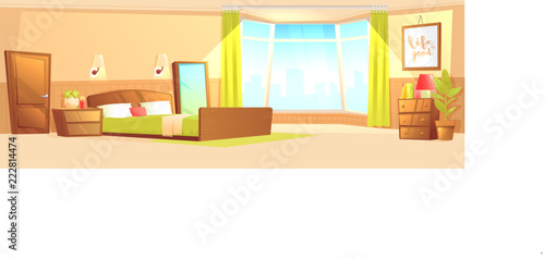 Bedroom interior with a bed, nightstand, wardrobe and window and plant.