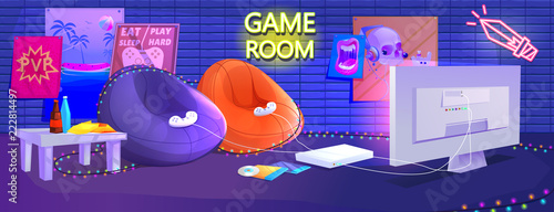 Teen game room interior. Play video games on the console with comfortable armchairs and snacks for gamers