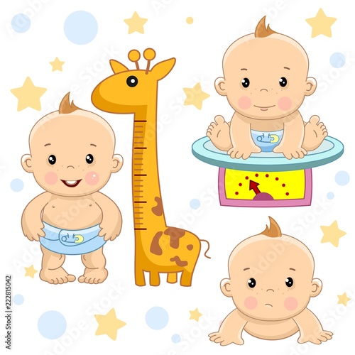A set of images of small children of boys and baby for design, measures growth, weighed in scales and creeps sad.