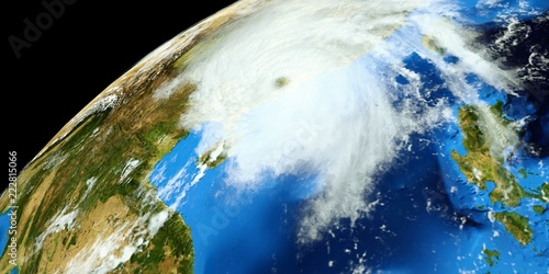 Extremely detailed and realistic high resolution 3D illustration of a Typhoon hitting  mainland China. Shot from Space. Elements of this image are furnished by Nasa. photo