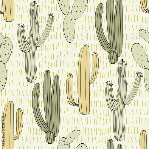 Vector hand drawn seamless cactuses pattern background