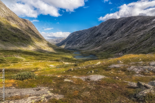 Mountain landscape with small lakes in Norway.