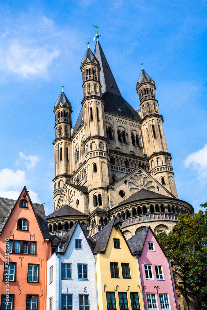 View of colorful architecture and old church in Cologne Germany
