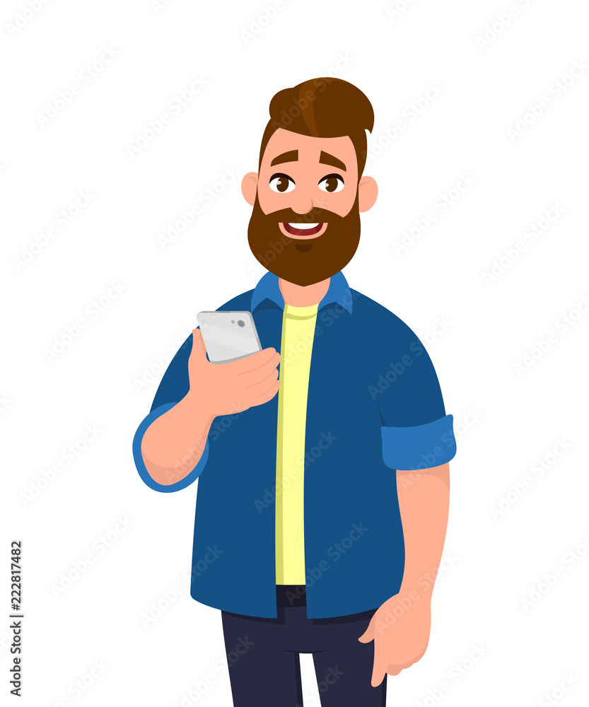 Young man holding smartphone. Mobile phone concept. Vector illustration cartoon style. Young man holding smartphone. Mobile phone concept. Vector illustration cartoon style.