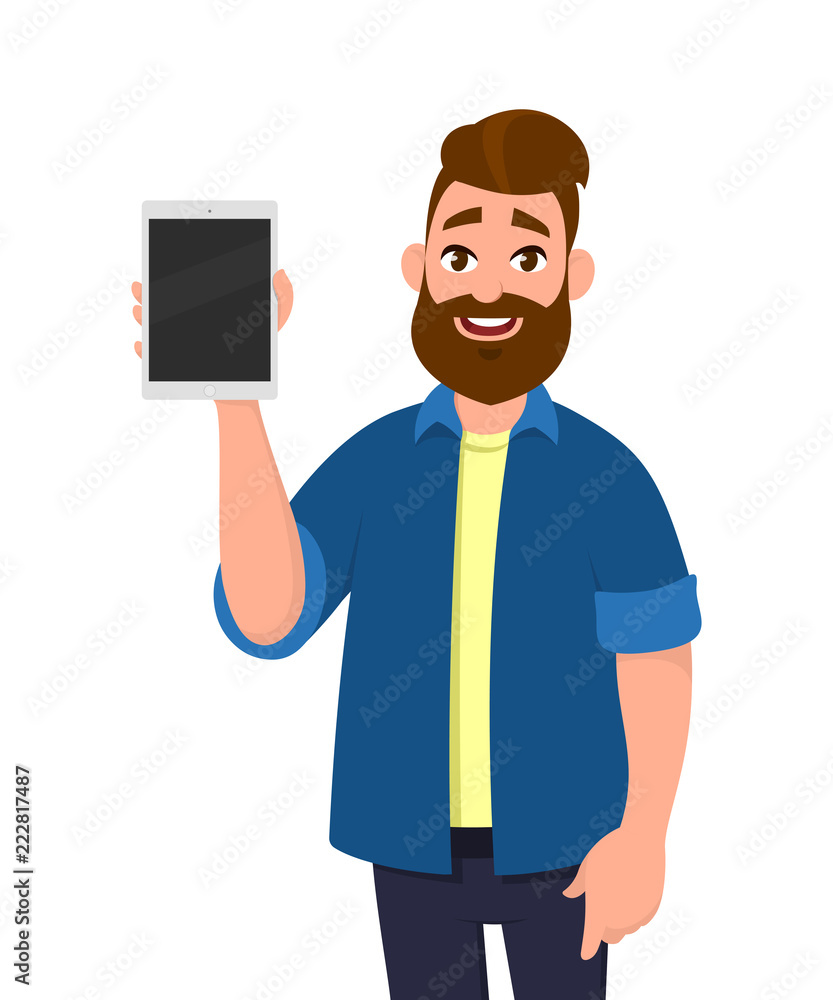 Man showing digital tablet computer. Tablet computer concept illustration. Vector illustration in cartoon style.