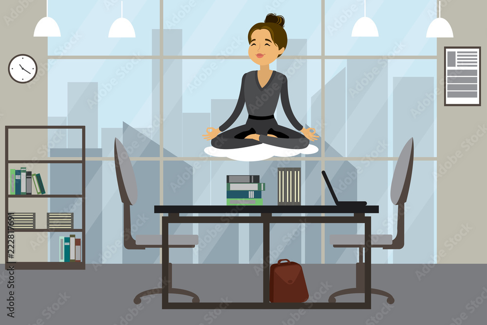 Business woman relax in lotus yoga pose,female in modern office