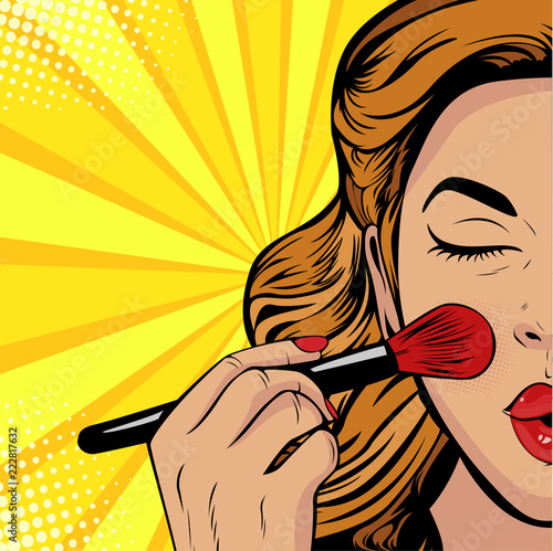 The beauty of the face. Make-up, woman brush causes the tone to the face. Vector Illustration in pop art retro comic style.