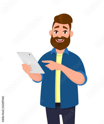 Man holding and using digital tablet computer. Tablet computer concept illustration. Vector illustration in cartoon style.