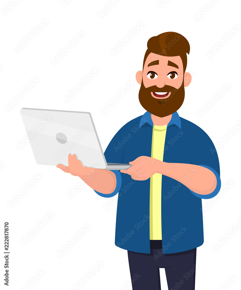 Young handsome man holding laptop computer and smiling while standing. Laptop computer concept illustration. Vector illustration in cartoon style. Young handsome man holding laptop computer and smiling while standing. Laptop computer concept illustration. Vector illustration in cartoon style.