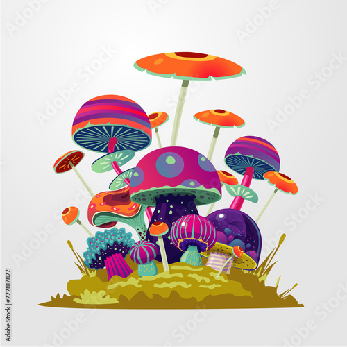 Cartoon fantasy mushroom background. Fantasy illustration with magic fungus. Vector concept illustration for game design.