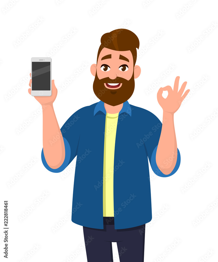 Happy young man showing smartphone and showing okay, OK or O sign. Mobile phone technology concept. Vector illustration in cartoon style.