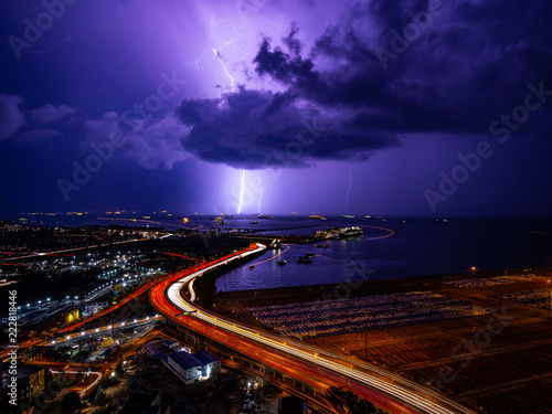 Photography beautiful Lightning and light trail in highway at Singapore