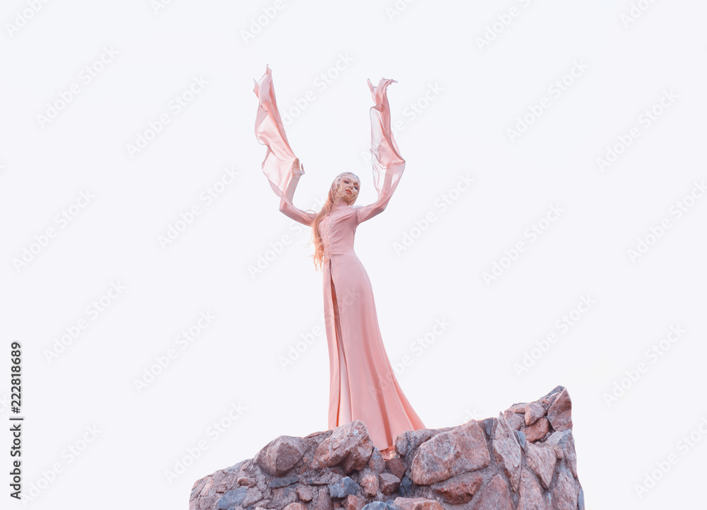 Fototapeta premium wonderful elegant girl with blond fair hair with tiara, wearing a luxurious long light pink fluttering dress costume, standing on the tower of the castle. feel free. pastel art. fly like a bird.