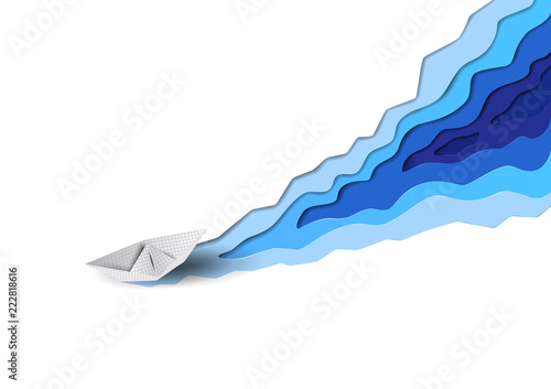 Abstract vector seaborne paper ship cuts white ice and sea blue water waves like icebreaker. Hard working concept for corporate brochures, web sites. Vector paper cut style conceptual image background