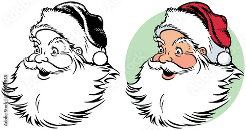 A cartoon portrait of a smiling Santa Claus