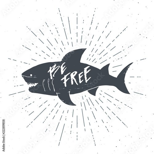 Shark silhouette vintage label, Hand drawn sketch, grunge textured retro badge, typography design t-shirt print, nautical vector illustration