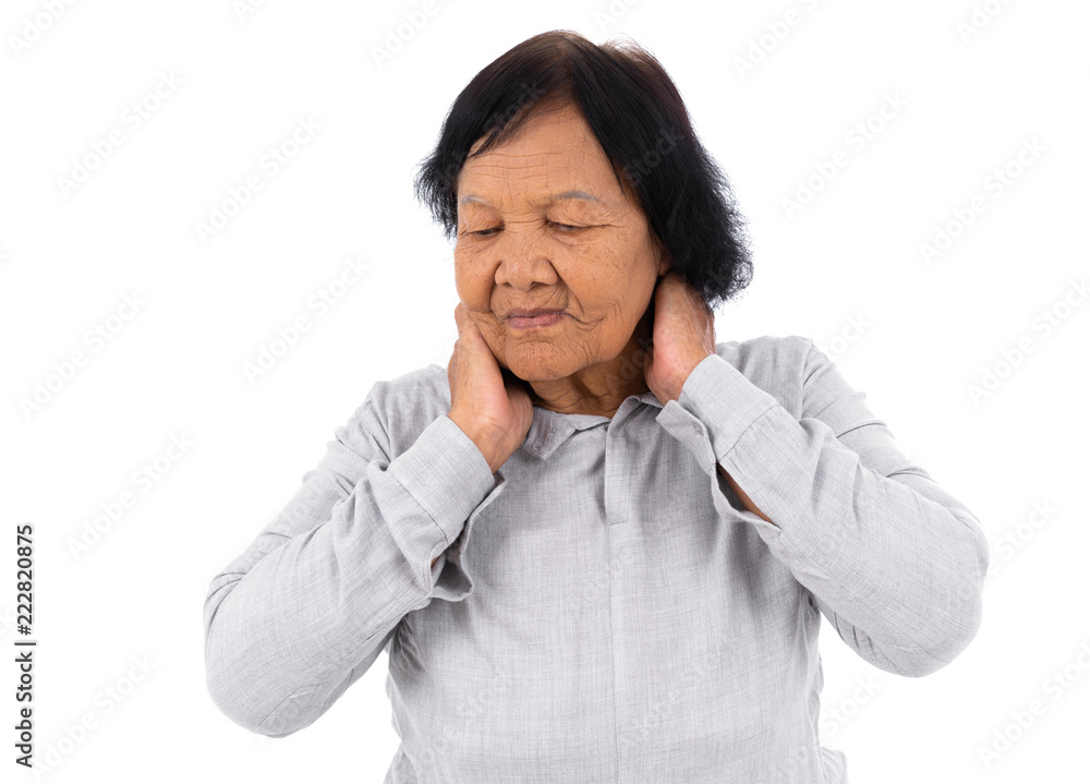 senior woman suffering from neck pain isolated on white background senior woman suffering from neck pain isolated on white background
