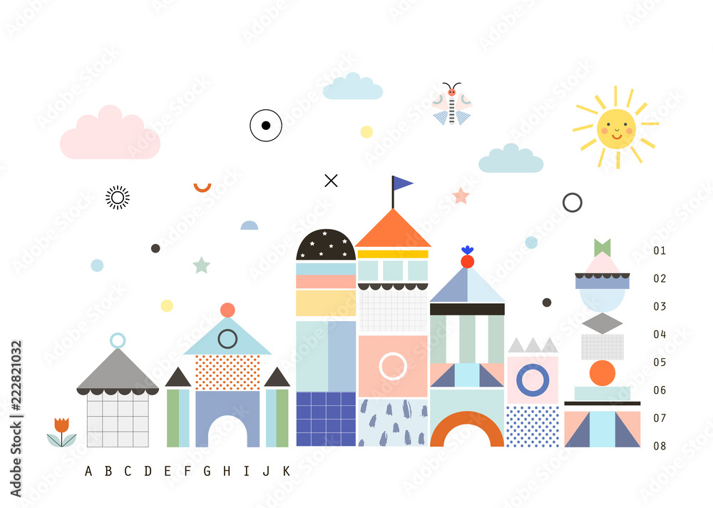 Landscape with castle. Cute and fun poster for kids. Baby room decor. Vector