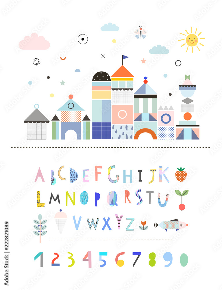 Landscape with castle plus Hand Drawn Artistic Alphabet. Cutout letters. Cute and fun poster for kids. Baby room decor. Vector