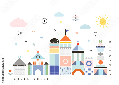 Landscape with castle. Cute and fun poster for kids. Baby room decor. Vector