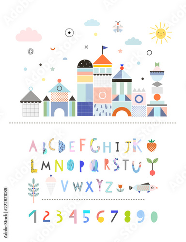 Landscape with castle plus Hand Drawn Artistic Alphabet. Cutout letters. Cute and fun poster for kids. Baby room decor. Vector
