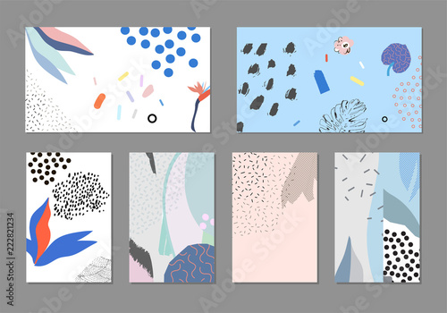 Set of creative universal floral cards in tropical style. Hand Drawn textures. Wedding, anniversary, birthday, Valentin's day, party invitations. 