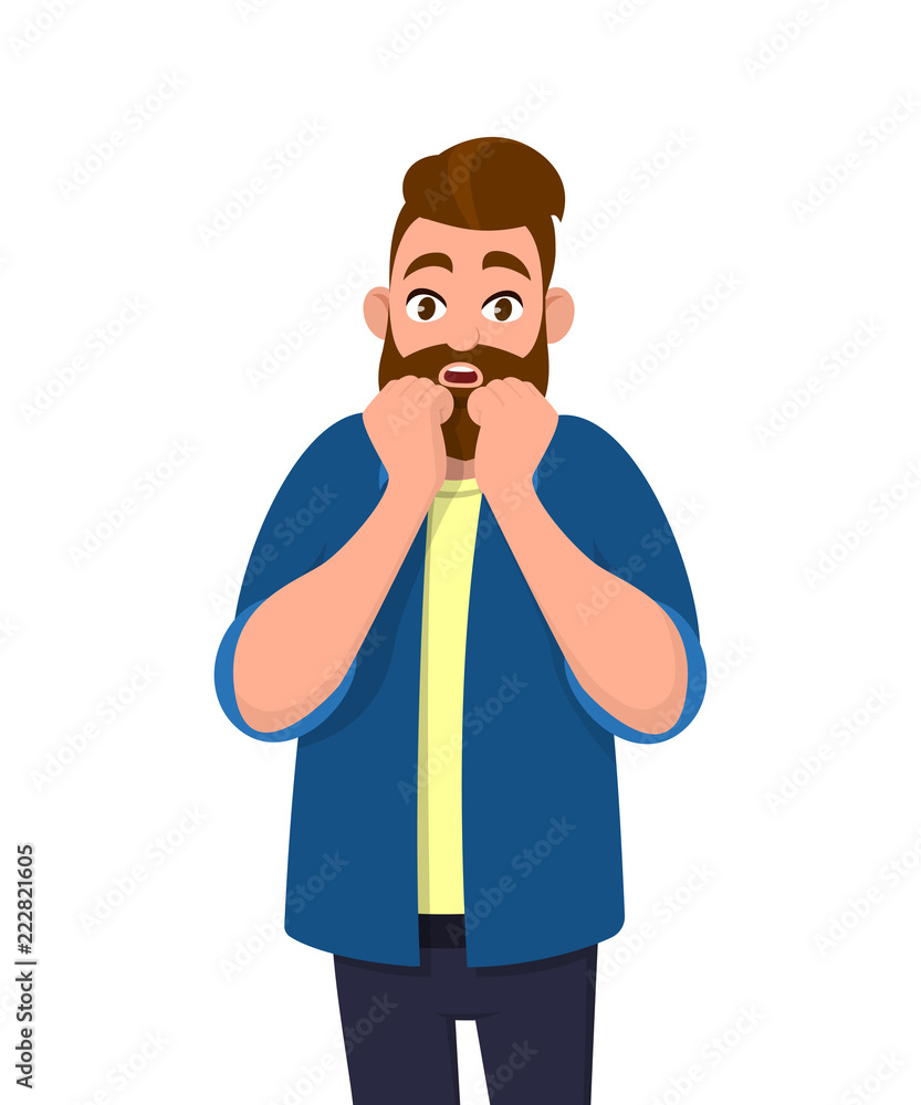 Scared young man holding hands near face. Emotions and body language concept. Person is terrified or shocked. Maybe he saw something frightening. Vector illustration cartoon style.