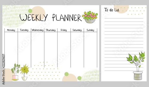 Hand drawing vector weekly planner with plants.