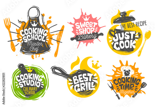 Sketch style cooking lettering icons set. For badges, labels, logo, bread shop, bakery, street festival farmers market country fair shop kitchen classes. Hand drawn vector illustration.