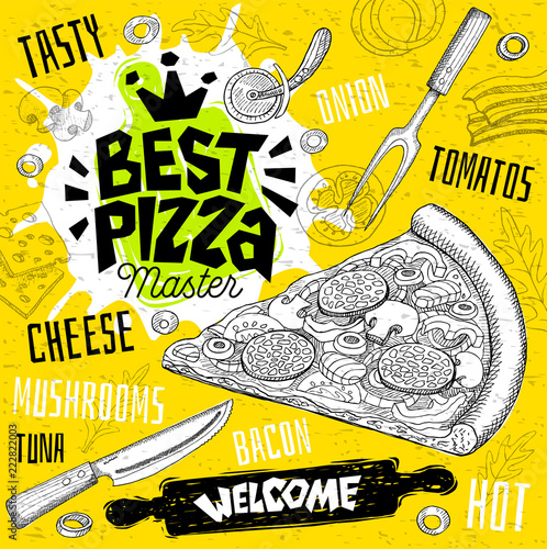 Best pizza master restaurant menu. Vector pizza food flyer cards for bar cafe. Design template, logo, emblem, sign, crown, welcome vintage hand drawn vector illustrations.