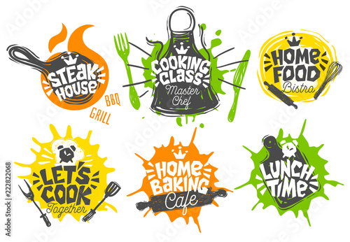 Sketch style cooking lettering icons set. For badges, labels, logo, bread shop, bakery, street festival, farmers market country fai, shop kitchen classes. Hand drawn vector illustration.