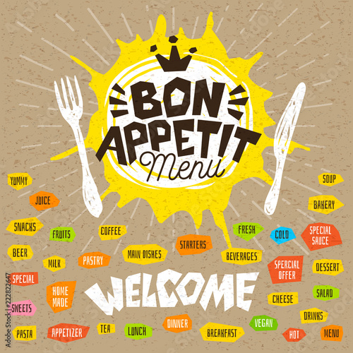 Bon appetit menu welcome fork knife, menu. Lettering, labels, logo sketch style, craft, pasta vegan tea, coffee desserts, yummy soup, combo salad, pastry. Hand drawn vector illustration