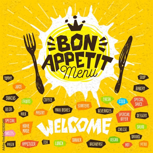 Bon appetit menu welcome fork knife, menu. Lettering, labels, logo sketch style, craft, pasta vegan tea, coffee desserts, yummy soup, combo salad, pastry. Hand drawn vector illustration