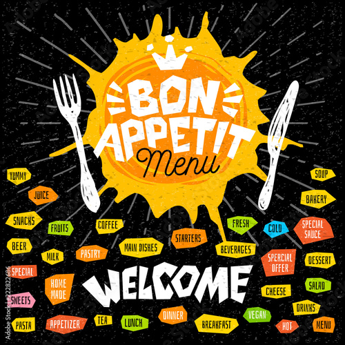 Bon appetit menu welcome fork knife, menu. Lettering, labels, logo sketch style, craft, pasta vegan tea, coffee desserts, yummy soup, combo salad, pastry. Hand drawn vector illustration