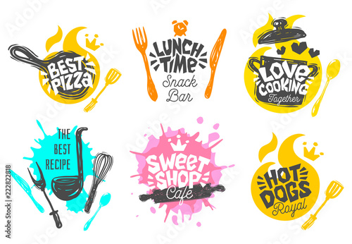 Sketch style cooking lettering icons set. For badges, labels, logo, sweet shop, bakery, snack bar, street festival, farmers market, country fair shop kitchen classes, cafe, food studio