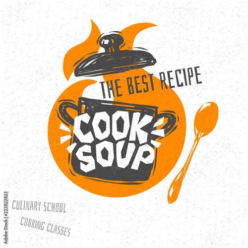 Cooking school culinary classes logo utensils apron, fork, knife, master chef. Lettering, calligraphy logo, sketch style, welcome. Hand drawn vector illustration.