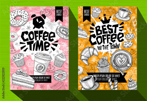 Modern cafe food poster menu template. Logo emblem sign lettering. Coffee time Best coffee. Coffee mug beans spoon crown. Pen ink sketch style hand drawn vector illustration.
