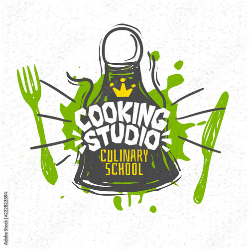 Cooking studio, Cooking school culinary classes logo utensils apron, fork, knife, master chef. Lettering, calligraphy logo, sketch style, welcome. Hand drawn vector illustration.