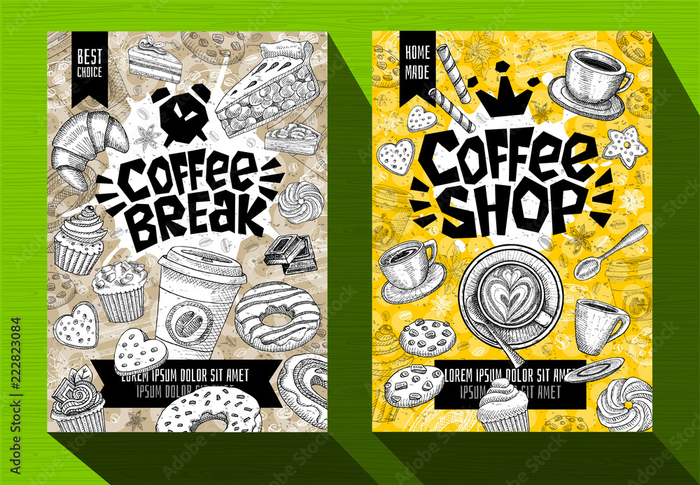 Modern cafe food poster menu template. Logo emblem sign lettering. Coffee break Coffee shop. Coffee mug beans spoon crown. Pen ink sketch style hand drawn vector illustration.
