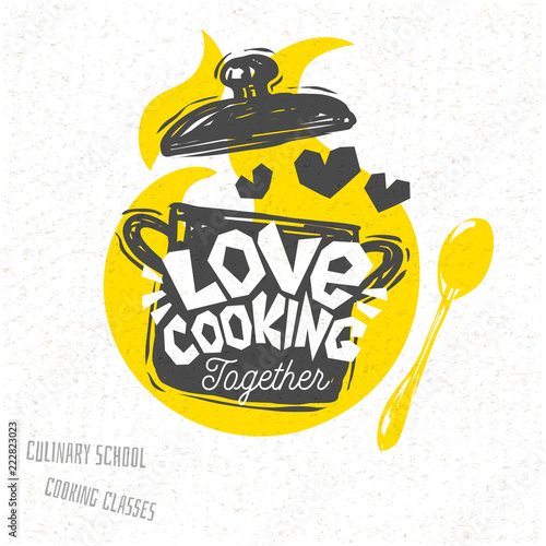 Cooking school culinary classes logo utensils apron, fork, knife, master chef. Lettering, calligraphy logo, sketch style, welcome. Hand drawn vector illustration.