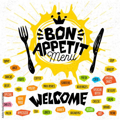 Bon appetit menu welcome fork knife, menu. Lettering, labels, logo sketch style, craft, pasta vegan tea, coffee desserts, yummy soup, combo salad, pastry. Hand drawn vector illustration